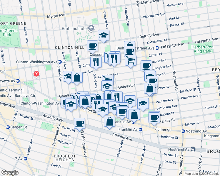 map of restaurants, bars, coffee shops, grocery stores, and more near 170 Gates Avenue in Brooklyn