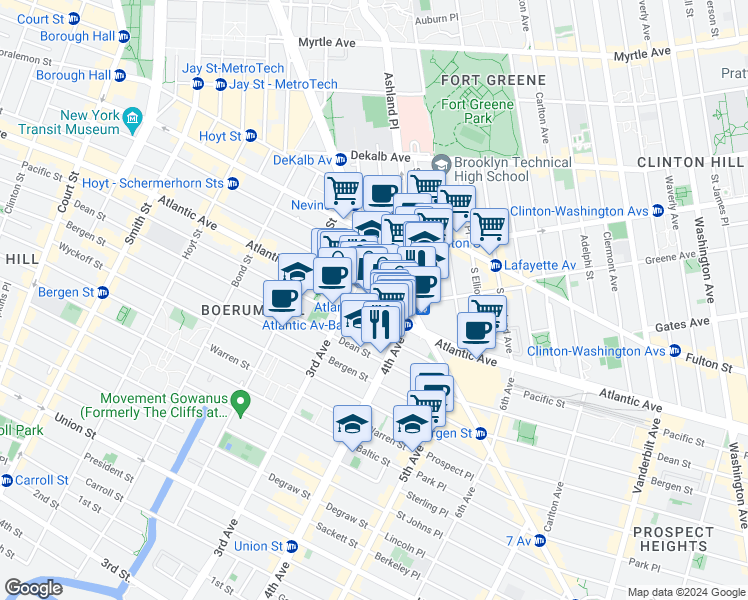 map of restaurants, bars, coffee shops, grocery stores, and more near 545 Atlantic Avenue in Brooklyn