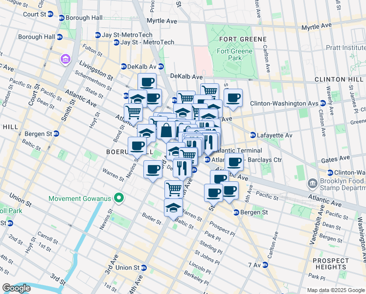 map of restaurants, bars, coffee shops, grocery stores, and more near 545 Atlantic Avenue in Brooklyn