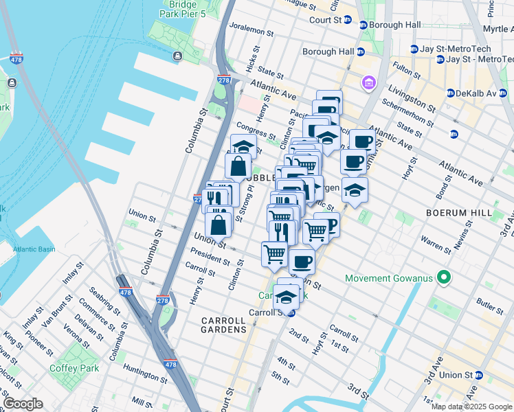 map of restaurants, bars, coffee shops, grocery stores, and more near 52 Tompkins Place in Brooklyn