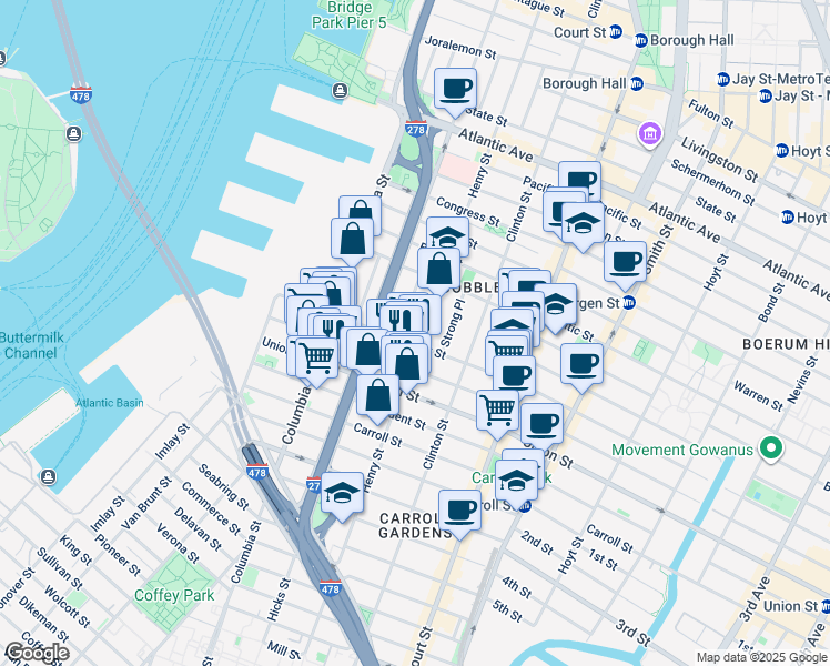 map of restaurants, bars, coffee shops, grocery stores, and more near 492 Henry Street in Brooklyn