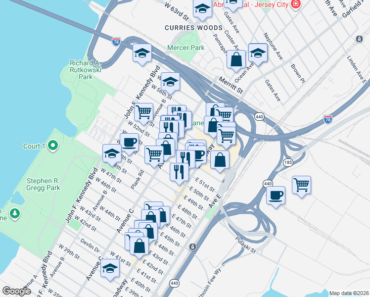 map of restaurants, bars, coffee shops, grocery stores, and more near 40 West 52nd Street in Bayonne