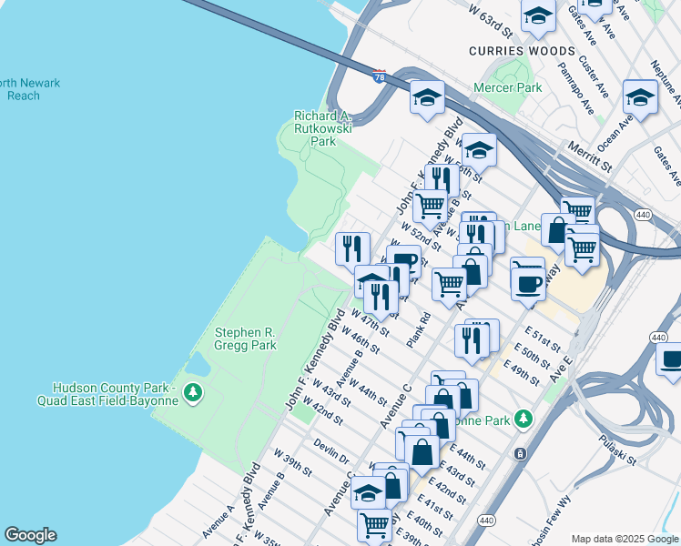 map of restaurants, bars, coffee shops, grocery stores, and more near 1111-3 Boulevard Plaza in Bayonne