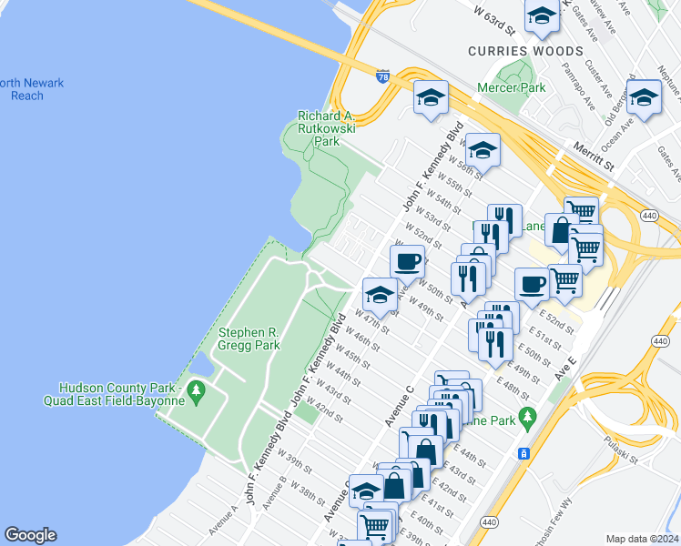 map of restaurants, bars, coffee shops, grocery stores, and more near 1111-3 Boulevard Plaza in Bayonne