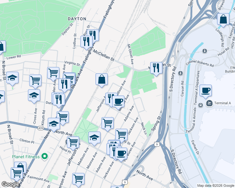 map of restaurants, bars, coffee shops, grocery stores, and more near 1026 Monroe Avenue in Elizabeth