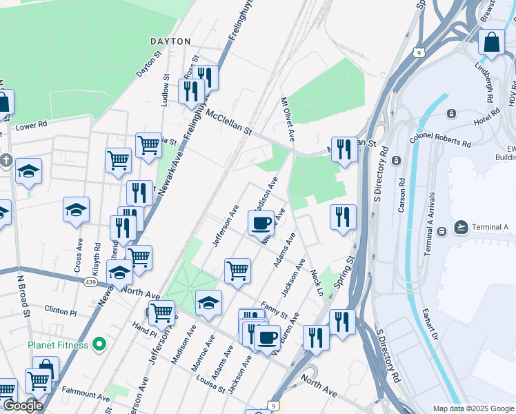 map of restaurants, bars, coffee shops, grocery stores, and more near 1026 Monroe Avenue in Elizabeth