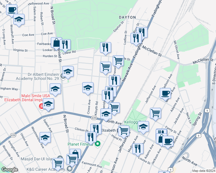 map of restaurants, bars, coffee shops, grocery stores, and more near 1265 Durant Street in Elizabeth