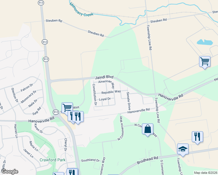 map of restaurants, bars, coffee shops, grocery stores, and more near 5541 Republic Way in Bethlehem