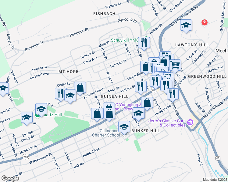 map of restaurants, bars, coffee shops, grocery stores, and more near 711 Mine Street in Pottsville