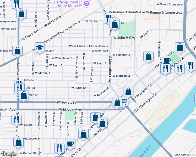 map of restaurants, bars, coffee shops, grocery stores, and more near 1009 West Butler Street in Peoria