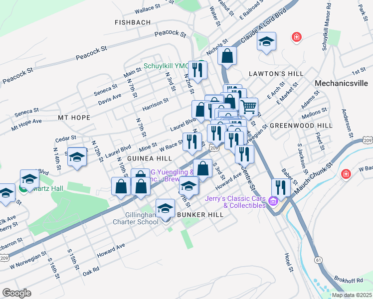map of restaurants, bars, coffee shops, grocery stores, and more near 404 West Arch Street in Pottsville