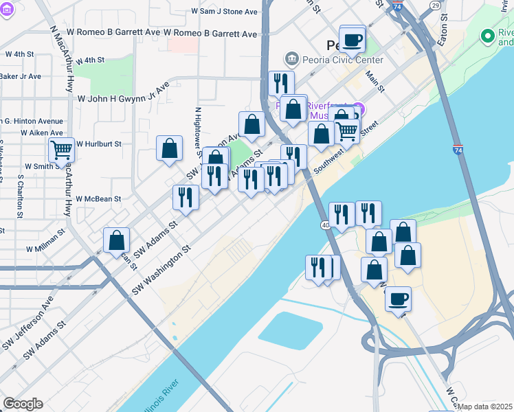 map of restaurants, bars, coffee shops, grocery stores, and more near in Peoria