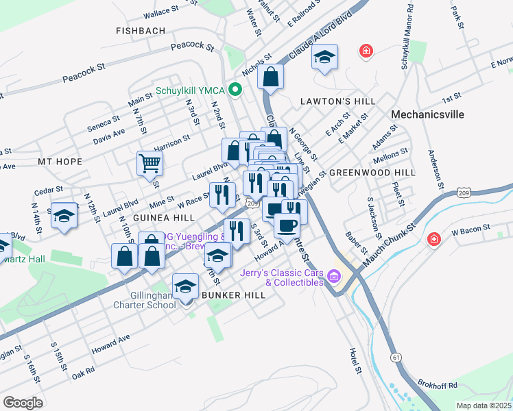 map of restaurants, bars, coffee shops, grocery stores, and more near 318 West Norwegian Street in Pottsville