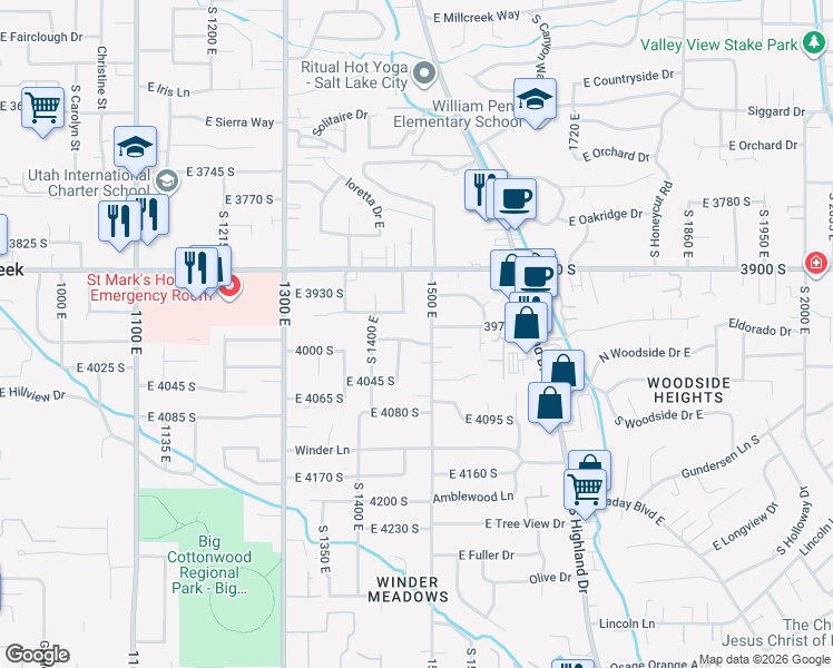 map of restaurants, bars, coffee shops, grocery stores, and more near 4012 1500 east in Millcreek