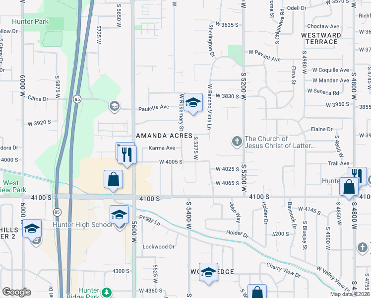 map of restaurants, bars, coffee shops, grocery stores, and more near 5390 Janette Avenue in West Valley City