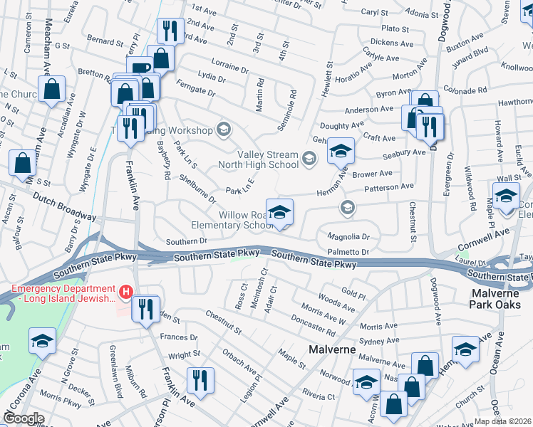 map of restaurants, bars, coffee shops, grocery stores, and more near 922 Catalpa Drive in Franklin Square