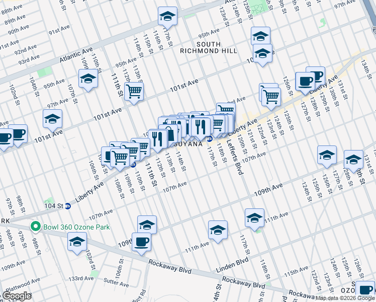 map of restaurants, bars, coffee shops, grocery stores, and more near 104-47 115th Street in Queens