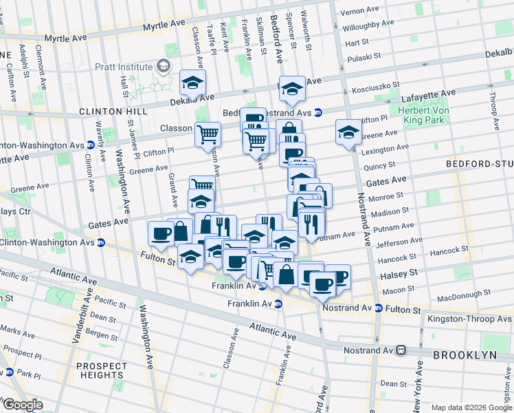 map of restaurants, bars, coffee shops, grocery stores, and more near 44 Monroe Street in Brooklyn
