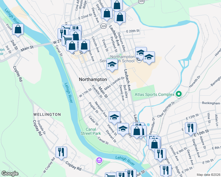 map of restaurants, bars, coffee shops, grocery stores, and more near 1543 Main Street in Northampton