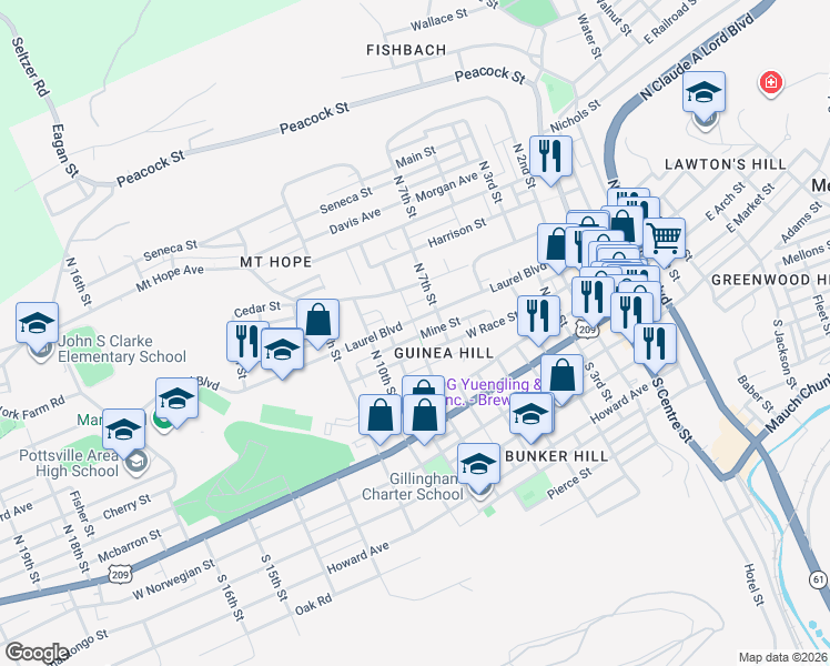 map of restaurants, bars, coffee shops, grocery stores, and more near 733 West Race Street in Pottsville