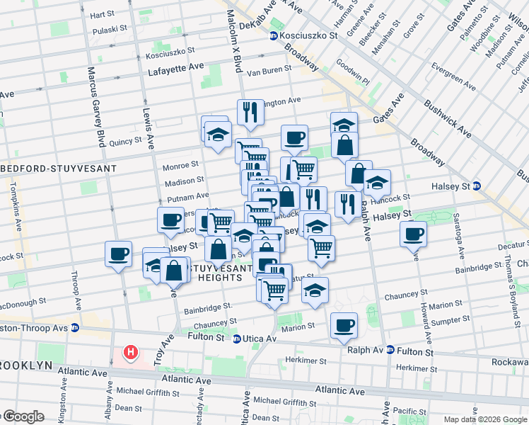 map of restaurants, bars, coffee shops, grocery stores, and more near 227 Malcolm X Boulevard in Brooklyn