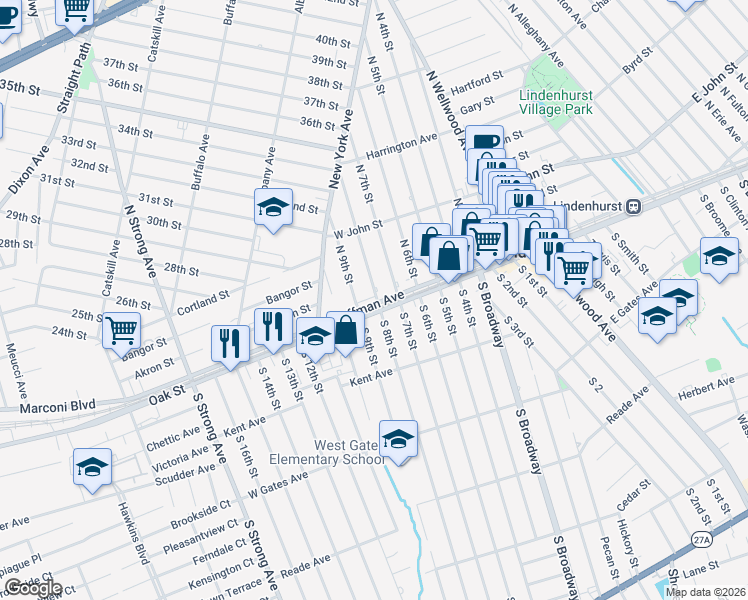 map of restaurants, bars, coffee shops, grocery stores, and more near 216 West Hoffman Avenue in Lindenhurst