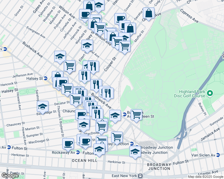 map of restaurants, bars, coffee shops, grocery stores, and more near 802 Evergreen Avenue in Brooklyn