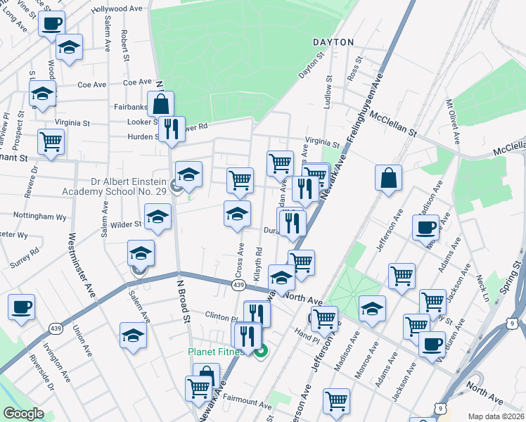 map of restaurants, bars, coffee shops, grocery stores, and more near 900-902 Kilsyth Road in Elizabeth