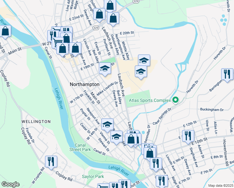 map of restaurants, bars, coffee shops, grocery stores, and more near 1469 Dewey Avenue in Northampton