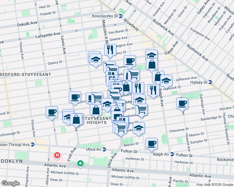 map of restaurants, bars, coffee shops, grocery stores, and more near 668 Hancock Street in Brooklyn
