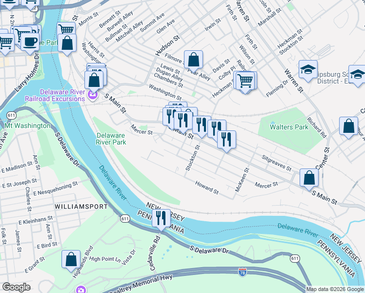 map of restaurants, bars, coffee shops, grocery stores, and more near 162 Mercer Street in Phillipsburg