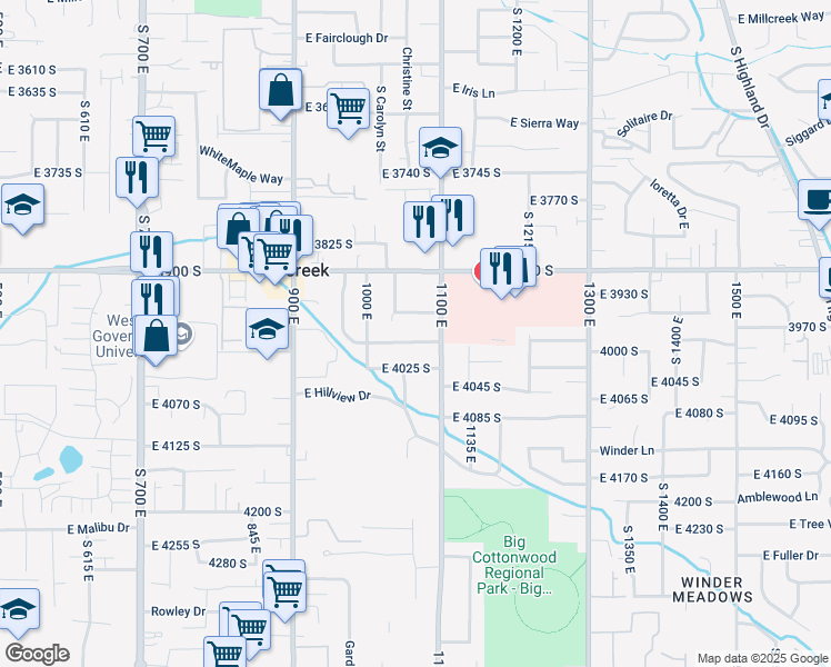 map of restaurants, bars, coffee shops, grocery stores, and more near 1067 Luetta Drive South in Millcreek