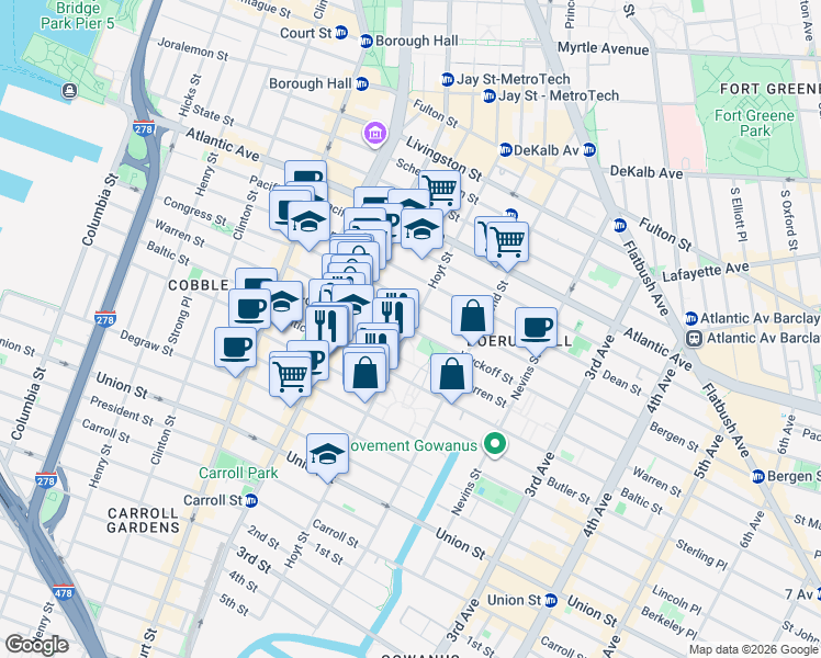 map of restaurants, bars, coffee shops, grocery stores, and more near Hoyt Street & Wyckoff Street in Brooklyn