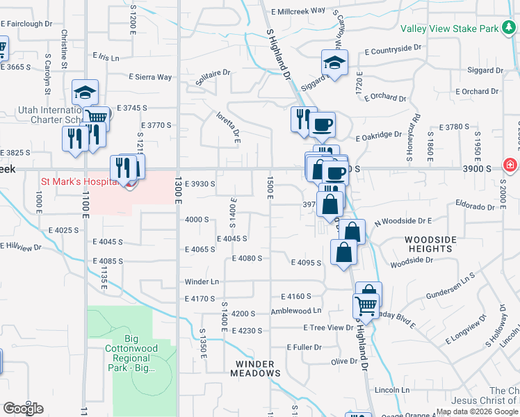 map of restaurants, bars, coffee shops, grocery stores, and more near 1481 East 3990 South in Millcreek