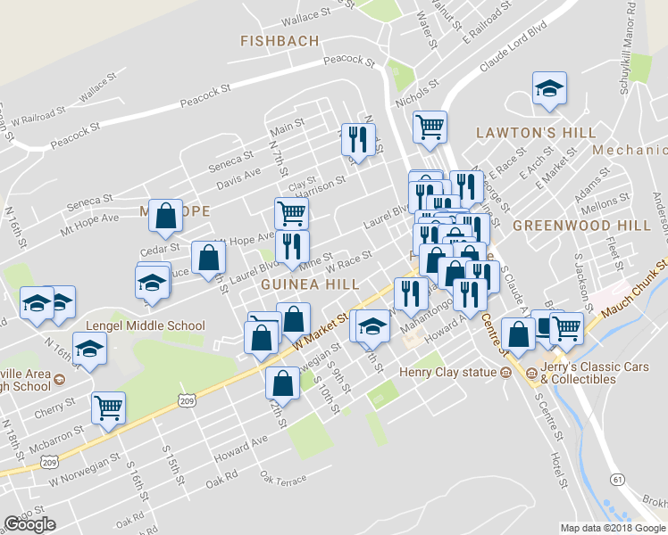 map of restaurants, bars, coffee shops, grocery stores, and more near 601 West Race Street in Pottsville