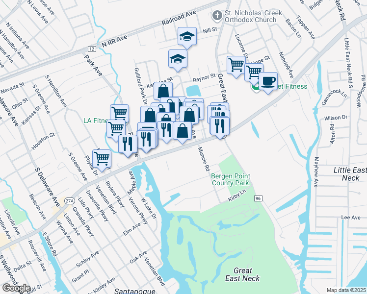 map of restaurants, bars, coffee shops, grocery stores, and more near 895 Montauk Highway in West Babylon