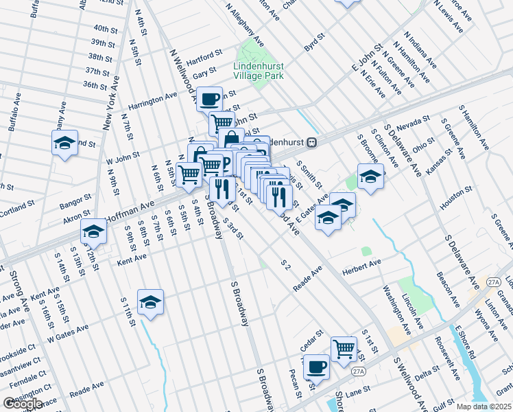 map of restaurants, bars, coffee shops, grocery stores, and more near 233 South 1st Street in Lindenhurst