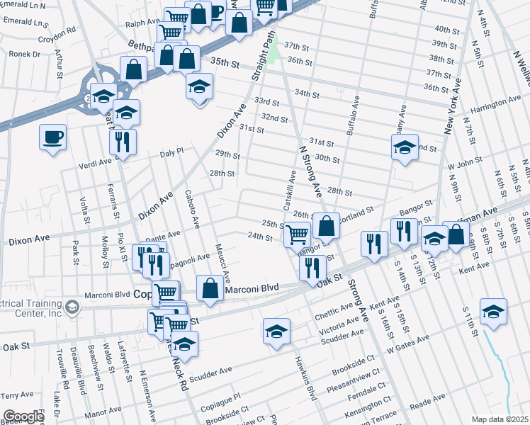 map of restaurants, bars, coffee shops, grocery stores, and more near 164 25th Street in Copiague