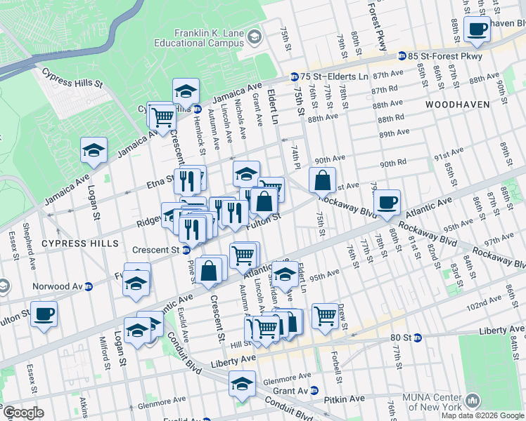 map of restaurants, bars, coffee shops, grocery stores, and more near 3436 Fulton Street in Brooklyn