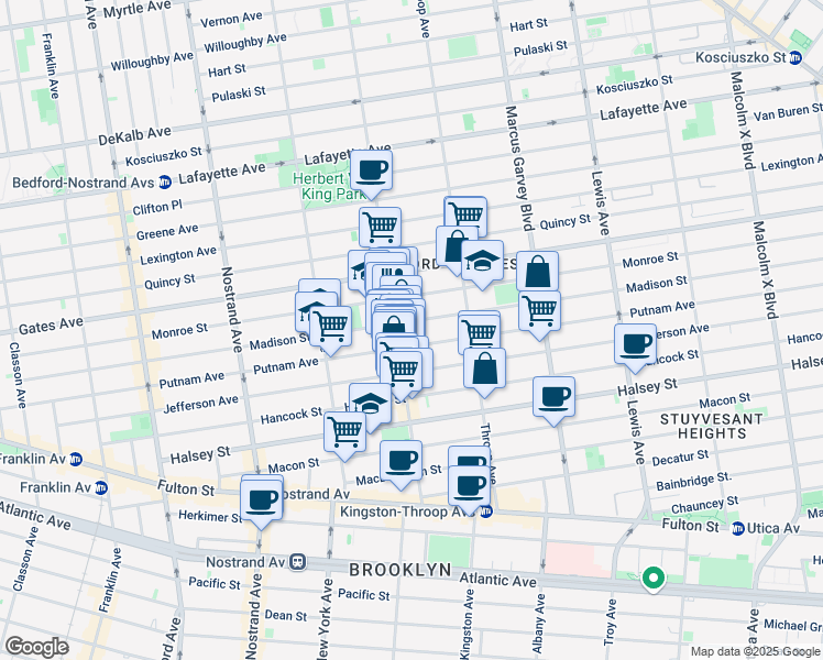 map of restaurants, bars, coffee shops, grocery stores, and more near 360A Madison Street in Brooklyn