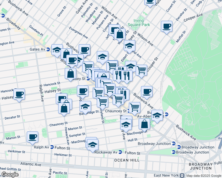 map of restaurants, bars, coffee shops, grocery stores, and more near 20 Covert Street in Brooklyn