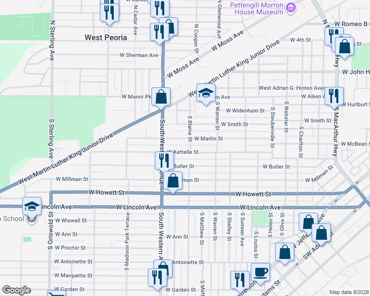 map of restaurants, bars, coffee shops, grocery stores, and more near 1719 West Martin Street in Peoria