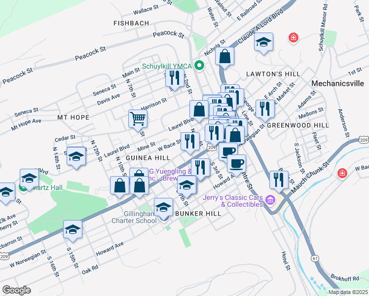 map of restaurants, bars, coffee shops, grocery stores, and more near 404 West Arch Street in Pottsville