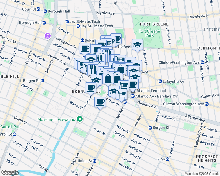 map of restaurants, bars, coffee shops, grocery stores, and more near 489 Atlantic Avenue in Brooklyn
