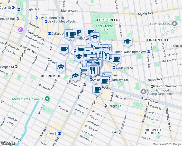 map of restaurants, bars, coffee shops, grocery stores, and more near 121 Saint Felix Street in Brooklyn