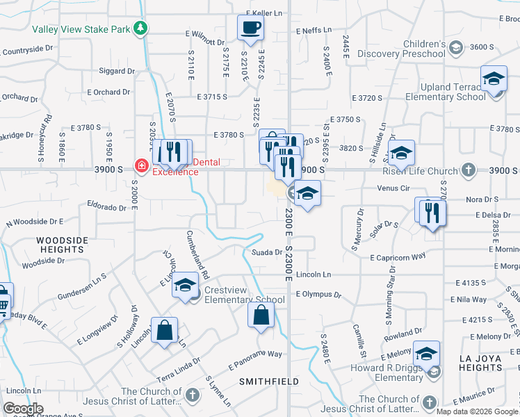 map of restaurants, bars, coffee shops, grocery stores, and more near 3948 South 2250 East in Holladay