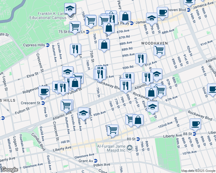 map of restaurants, bars, coffee shops, grocery stores, and more near 91-07 77th Street in Queens