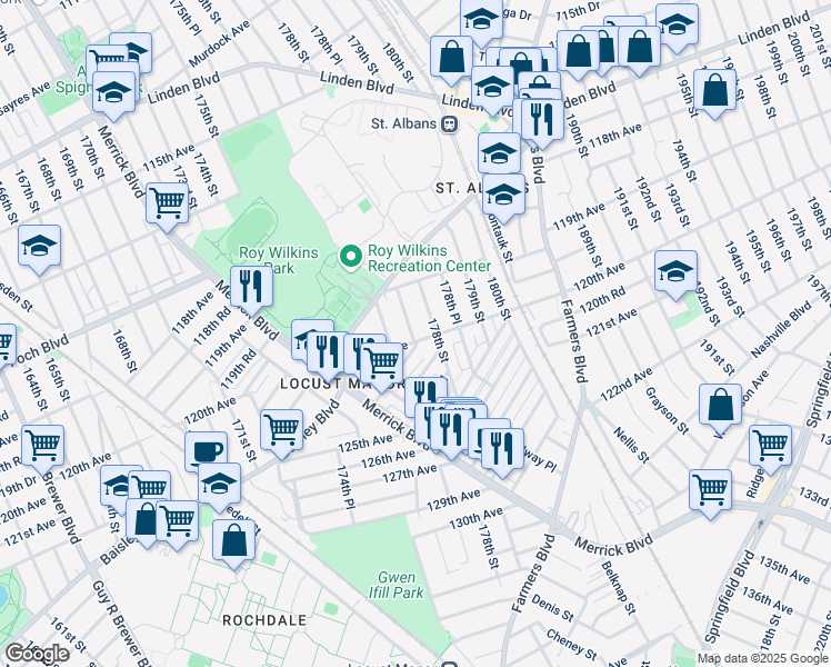 map of restaurants, bars, coffee shops, grocery stores, and more near 119-37 177th Place in Queens