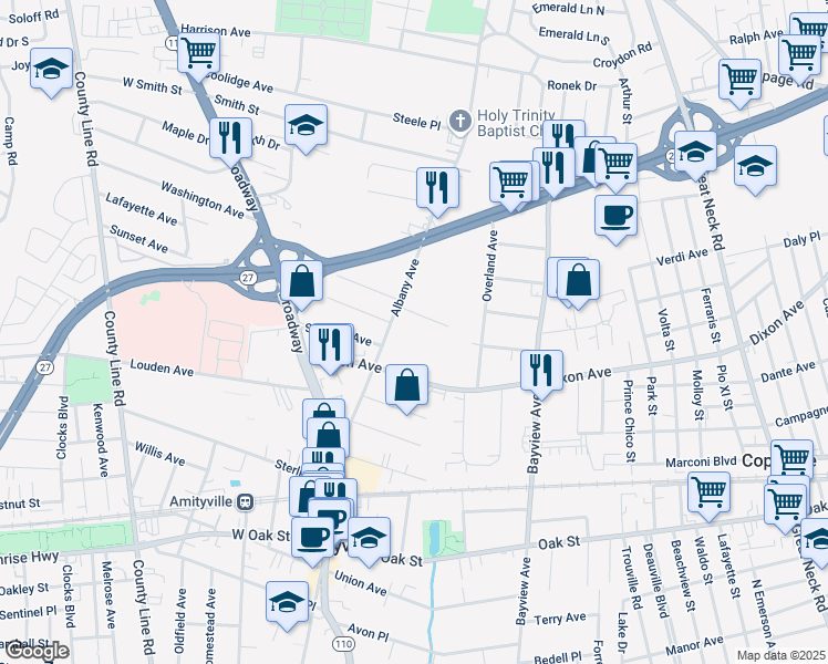 map of restaurants, bars, coffee shops, grocery stores, and more near 5 South Park Place in Amityville