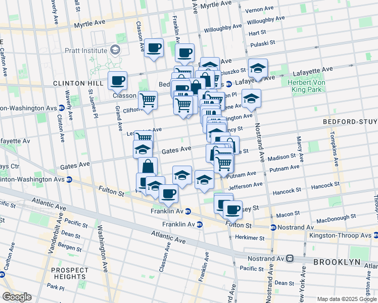 map of restaurants, bars, coffee shops, grocery stores, and more near 128 Quincy Street in Brooklyn